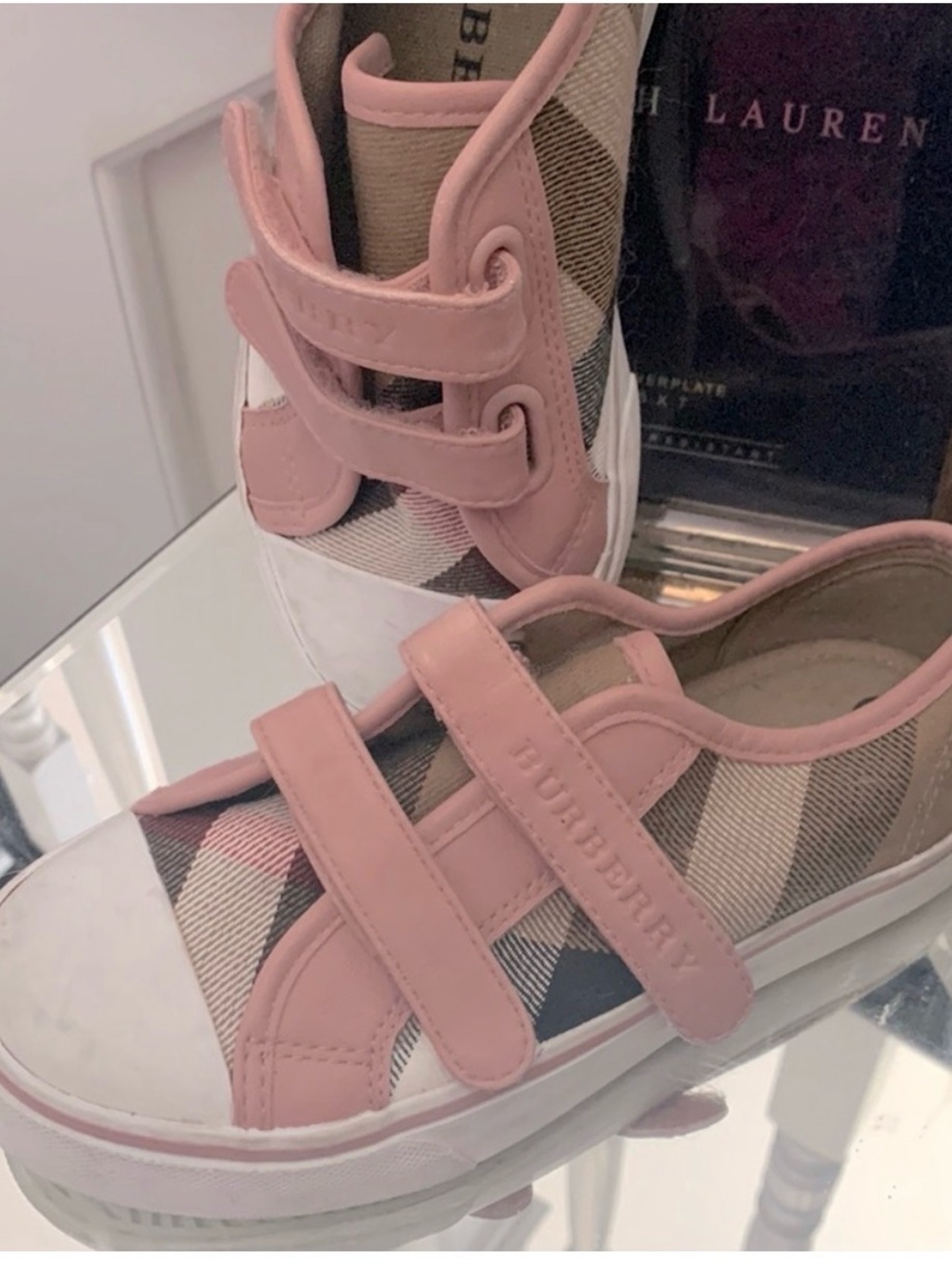 Burberry Pink and Beige Check Velcro Low-Top Sneakers for Women